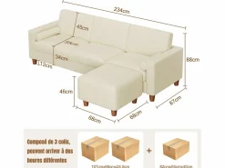 DripeX Sofá 3 plazas en skai, con otomana y 2 cojines redondos, estructura de madera, 234x155x88cm,