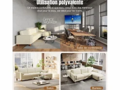 DripeX Sofá 3 plazas en skai, con otomana y 2 cojines redondos, estructura de madera, 234x155x88cm,