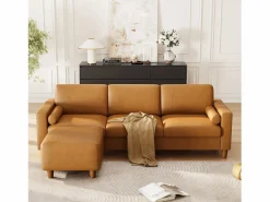 Clearance DripeX Sofá 3 plazas en skai, con otomana y 2 cojines redondos, estructura de madera, 234x155x88cm, Naranja