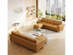 Clearance DripeX Sofá 3 plazas en skai, con otomana y 2 cojines redondos, estructura de madera, 234x155x88cm, Naranja