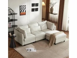 DripeX Sofá 3 plazas en tejido de lino, con pouf, 3 cojines lumbares y 2 cojines, 220x83x81cm,