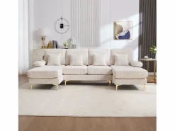 Sale OKWISH Sofá 4 plazas en terciopelo con iluminación LED y puerto USB - diseño moderno en U Beige