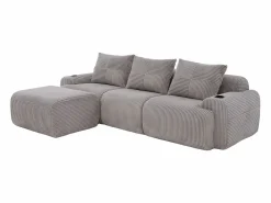 New Sofá 3 plazas ángulo modular terciopelo acanalado, puf, portavasos y bolsillo, 268x174x80cm, Sofás Club