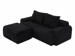 Online Sofá 2 plazas ángulo modular terciopelo acanalado, puf, portavasos y bolsillo, 200x174x80cm, Sofá Modular|Sofás Club