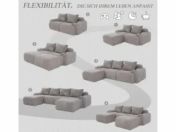 DripeX Sofá 4 plazas ángulo modular terciopelo acanalado, 2 pufs y 4 cojines, 333x174x80cm,