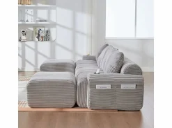 DripeX Sofá 4 plazas ángulo modular terciopelo acanalado, 2 pufs y 4 cojines, 333x174x80cm,