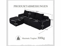 Clearance DripeX Sofá 3 plazas ángulo modular terciopelo acanalado, puf, portavasos y bolsillo, 268x174x80cm, Negro
