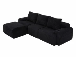 Clearance DripeX Sofá 3 plazas ángulo modular terciopelo acanalado, puf, portavasos y bolsillo, 268x174x80cm, Negro