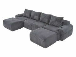 DripeX Sofá 4 plazas ángulo modular terciopelo acanalado, 2 pufs y 4 cojines, 333x174x80cm,