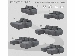 DripeX Sofá 4 plazas ángulo modular terciopelo acanalado, 2 pufs y 4 cojines, 333x174x80cm,