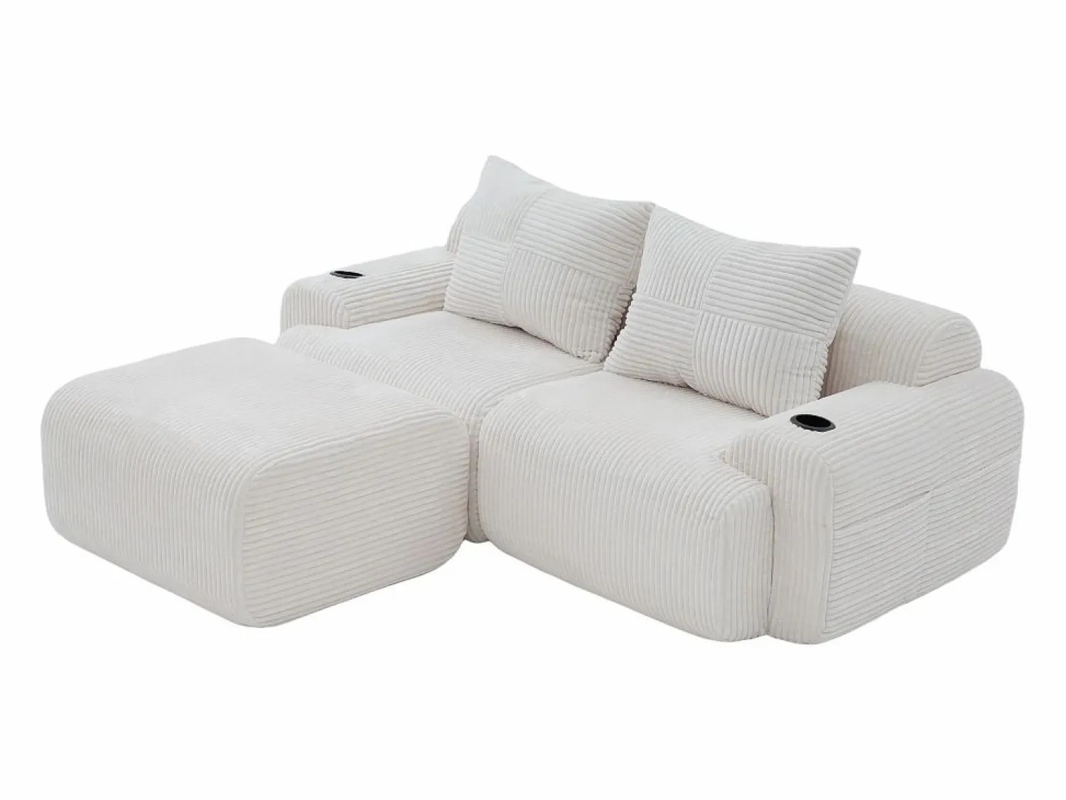 DripeX Sofá 2 plazas ángulo modular terciopelo acanalado, puf, portavasos y bolsillo, 200x174x80cm,