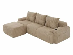 New DripeX Sofá 3 plazas ángulo modular terciopelo acanalado, puf, portavasos y bolsillo, 268x174x80cm, Caqui