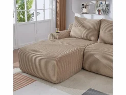 New DripeX Sofá 3 plazas ángulo modular terciopelo acanalado, puf, portavasos y bolsillo, 268x174x80cm, Caqui