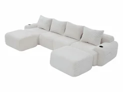 DripeX Sofá 4 plazas ángulo modular terciopelo acanalado, 2 pufs y 4 cojines, 333x174x80cm,