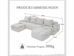 DripeX Sofá 4 plazas ángulo modular terciopelo acanalado, 2 pufs y 4 cojines, 333x174x80cm,