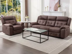 Vente-unique Sofá 3 plazas relax eléctrico de microfibra con aspecto de cuero envejecido color marrón ORTIANO