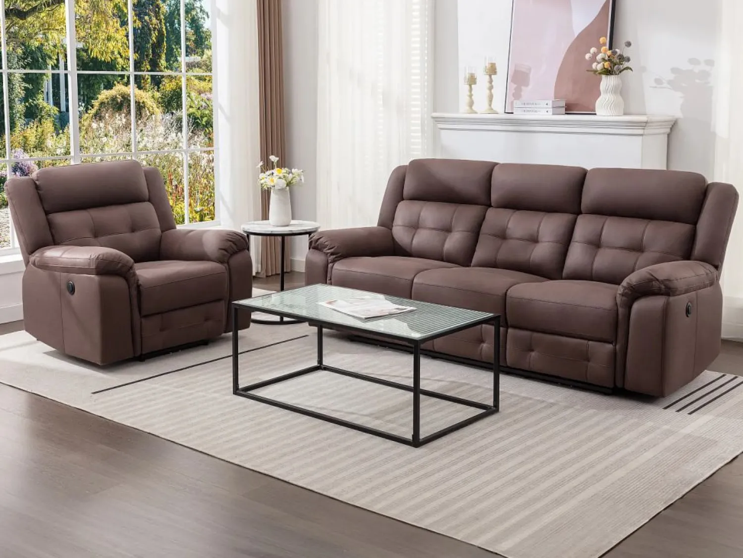 Vente-unique Sofá 3 plazas relax eléctrico de microfibra con aspecto de cuero envejecido color marrón ORTIANO
