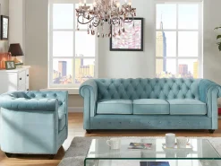 Vente-unique Sofá 3 plazas y sillón de terciopelo azul CHESTERFIELD Azul celeste