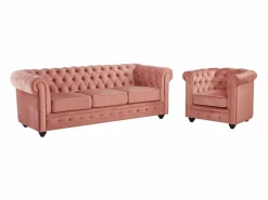 Vente-unique Sofá 3 plazas y sillón de terciopelo rosa CHESTERFIELD