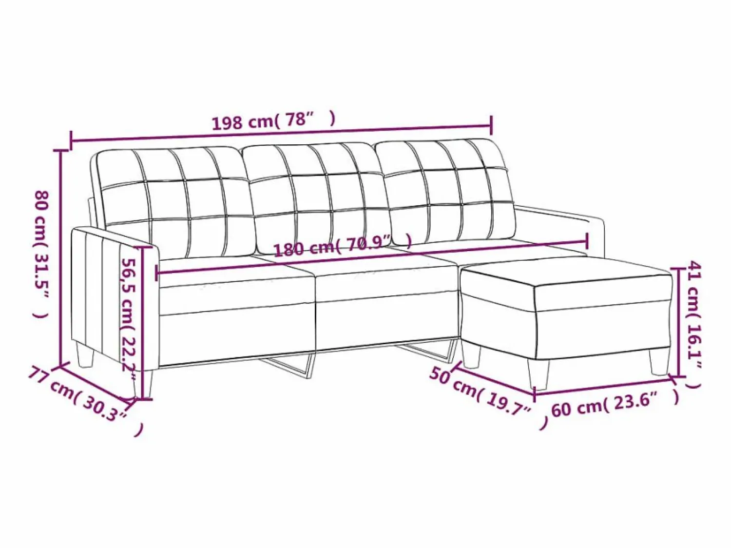 New Clicnbuy Sofá 3 plazas y taburete cuero sintético color capuchino 180 cm Marru00f3n