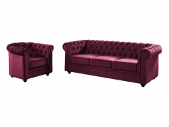 Vente-unique Sofá 3 plazas+sillón terciopelo color púrpura CHESTERFIELD