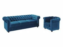 Outlet Vente-unique Sofá 3 plazas+sillón terciopelo verde azulado CHESTERFIELD Azul verdoso