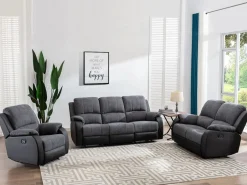 Vente-unique Sofá 3+2 relax de microfibra y piel sintética gris y negro BRODY