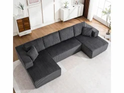 DripeX Sofá angular panorámico - Terciopelo acanalado - 4 cojines, 2 orejeros, 2 chaises - 332x156x88cm Gris