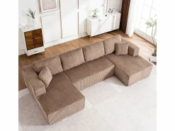 DripeX Sofá angular panorámico - Terciopelo acanalado Marrón - 4 cojines, 2 orejeros, 2 chaises - 332x156x88cm