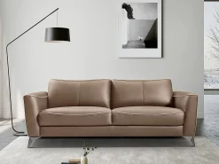 Vente-unique Sofá BATUCO de 3 plazas en piel marrón con ribete beige