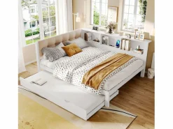 ModernLuxe Sofá cama 140×200 cm - con cama nido - con tira LED luminosa - con puerto USB - (colchón no incluido) Blanco