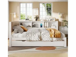 ModernLuxe Sofá cama 140×200 cm - con cama nido - con tira LED luminosa - con puerto USB - (colchón no incluido) Blanco