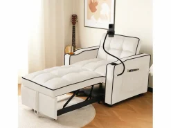 Outlet Sofá cama 3 en 1 con portavasos y soporte para teléfono, terciopelo, (83 x 167 x 76 cm) Beige