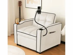 Outlet Sofá cama 3 en 1 con portavasos y soporte para teléfono, terciopelo, (83 x 167 x 76 cm) Beige