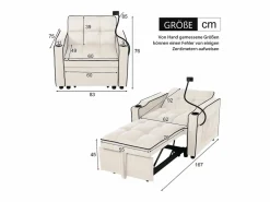 Outlet Sofá cama 3 en 1 con portavasos y soporte para teléfono, terciopelo, (83 x 167 x 76 cm) Beige