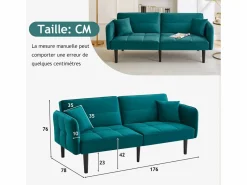 Outlet Sofá cama 2 en 1 regulable - Respaldo regulable - Patas de sofá de madera y cojines incluidos - Terciopelo - 176 x 78 x 76 cm - Sofá Vintage