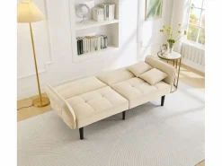 Discount Sofá cama 2 en 1 regulable - Respaldo regulable - Patas de madera y cojines incluidos - Terciopelo - 176 x 78 x 76 cm - Beige Blanco roto