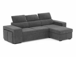 Sofá Cama 3 Plazas Oscuro con Chaise Longue Reversible Lado Derecho/Izquierdo - Reposacabezas Ajustables - 2 Pufs (263 x 127 x 96 cm) - JOHN
