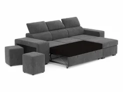 Sofá Cama 3 Plazas Oscuro con Chaise Longue Reversible Lado Derecho/Izquierdo - Reposacabezas Ajustables - 2 Pufs (263 x 127 x 96 cm) - JOHN