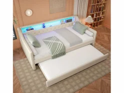 Hot Sofá cama 90 x 200 cm - con iluminación LED - con cama nido - con USB - lino - con somier de láminas - ​​​ Cama Diván