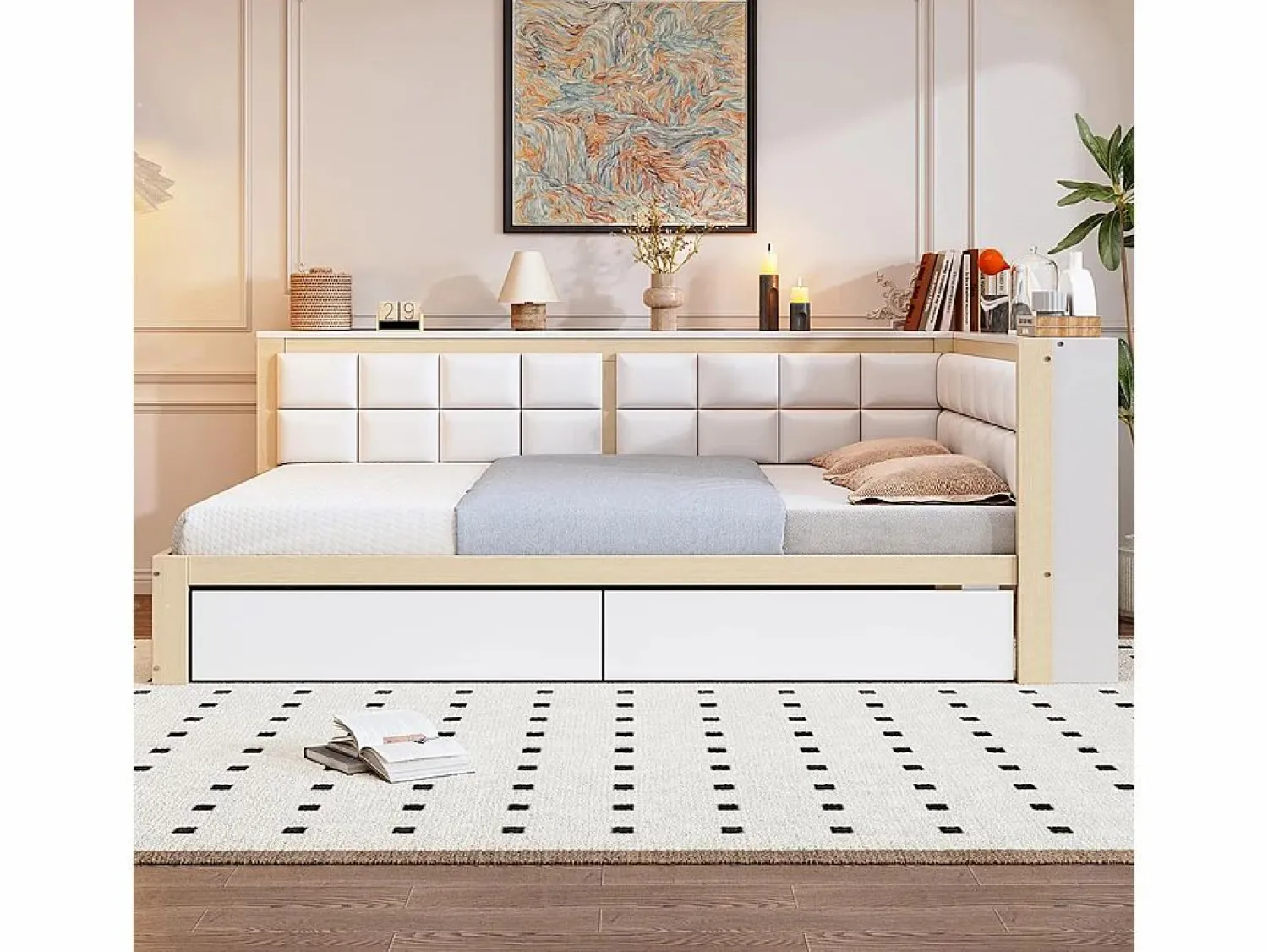 Clearance Sofá cama 140 x 200 cm, cama multifuncional con respaldo mullido y grandes cajones de almacenamiento, estructura de pino, color natural Cama Diván