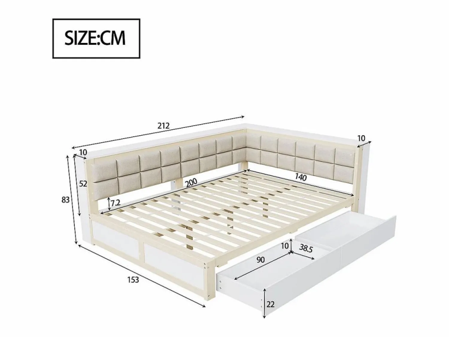 Clearance Sofá cama 140 x 200 cm, cama multifuncional con respaldo mullido y grandes cajones de almacenamiento, estructura de pino, color natural Cama Diván