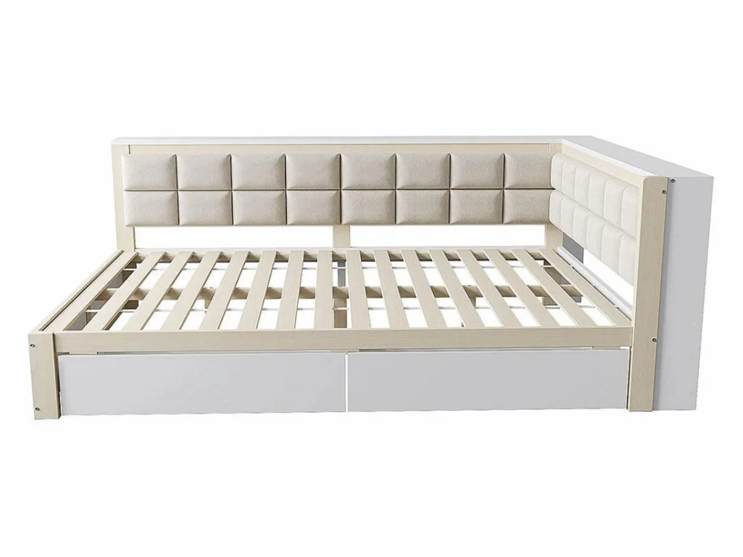 Clearance Sofá cama 140 x 200 cm, cama multifuncional con respaldo mullido y grandes cajones de almacenamiento, estructura de pino, color natural Cama Diván