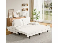 Discount Sofá cama 90 x 200 cm, cama nido con malla, cama doble extensible multifuncional 2 en 1, sofá cama de 2 plazas, lino Blanco