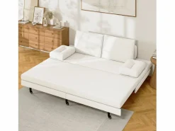 Discount Sofá cama 90 x 200 cm, cama nido con malla, cama doble extensible multifuncional 2 en 1, sofá cama de 2 plazas, lino Blanco