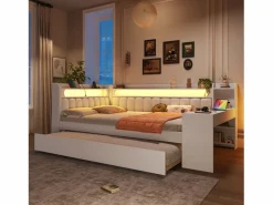 Discount Sofá cama acolchado 140x200 cm - con puertos USB y LED - con cama nido y escritorio - (sin colchón) Cama Diván