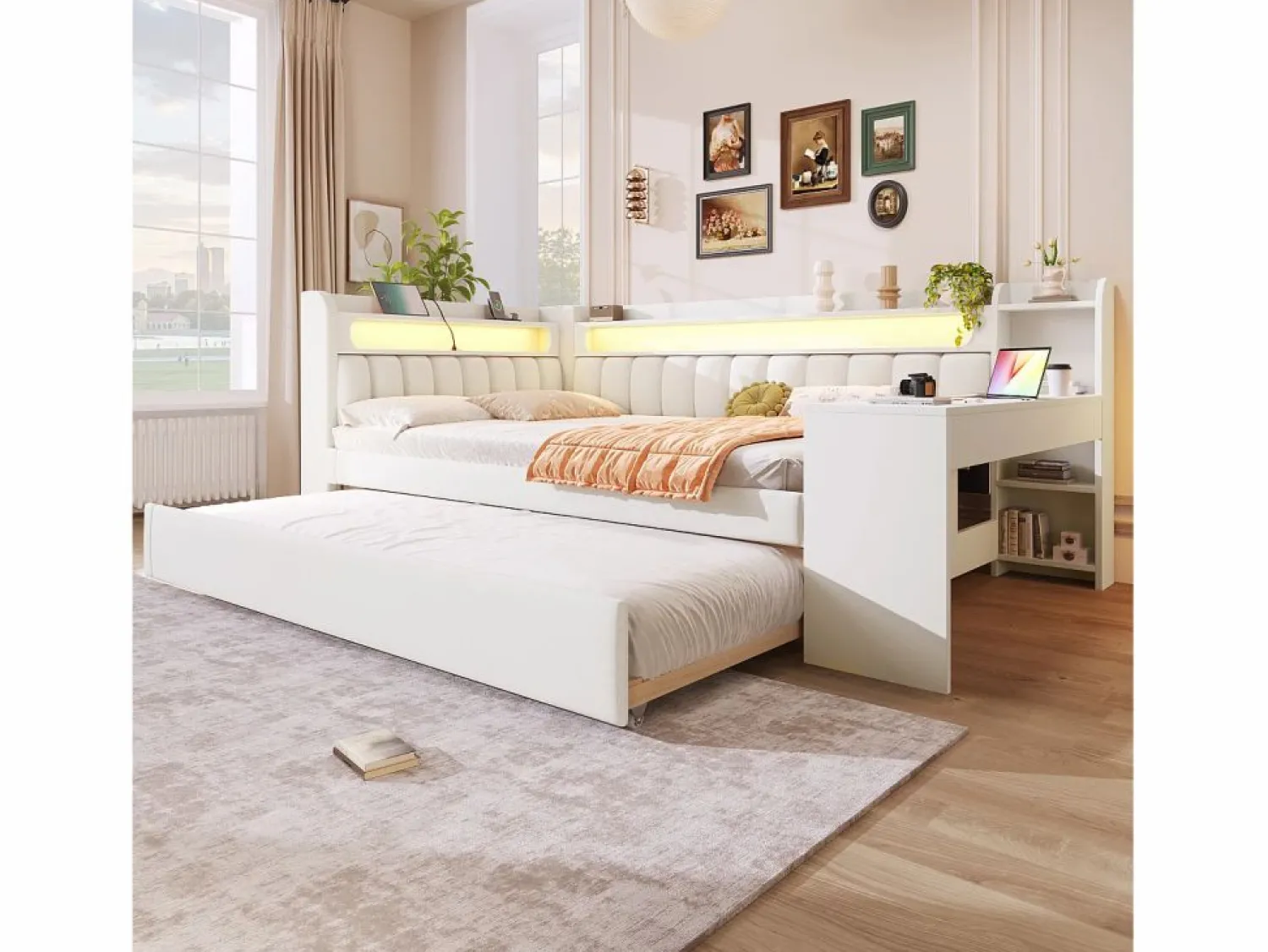 Discount Sofá cama acolchado 140x200 cm - con puertos USB y LED - con cama nido y escritorio - (sin colchón) Cama Diván
