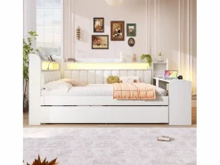 Discount Sofá cama acolchado 140x200 cm - con puertos USB y LED - con cama nido y escritorio - (sin colchón) Cama Diván