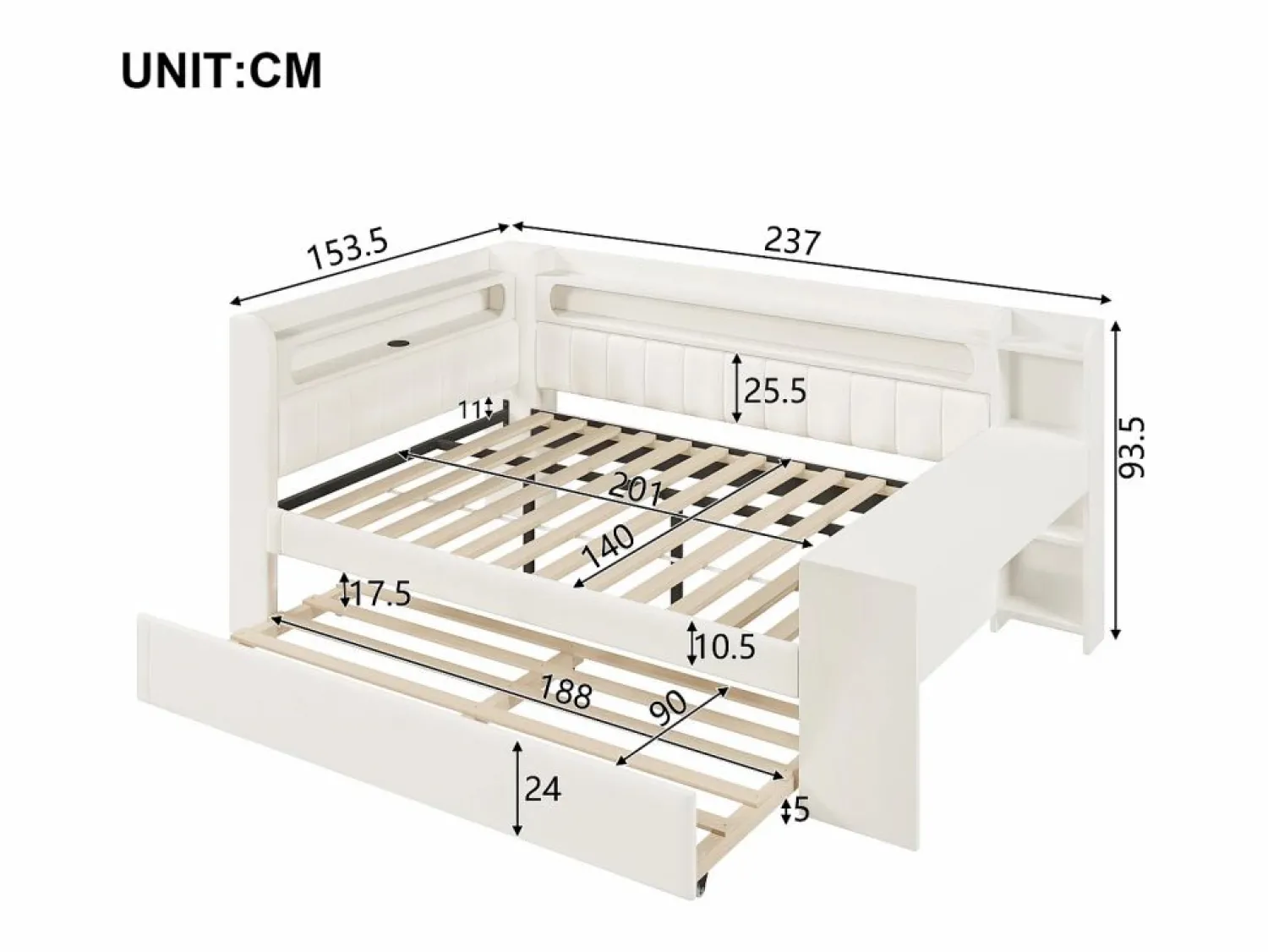 Discount Sofá cama acolchado 140x200 cm - con puertos USB y LED - con cama nido y escritorio - (sin colchón) Cama Diván