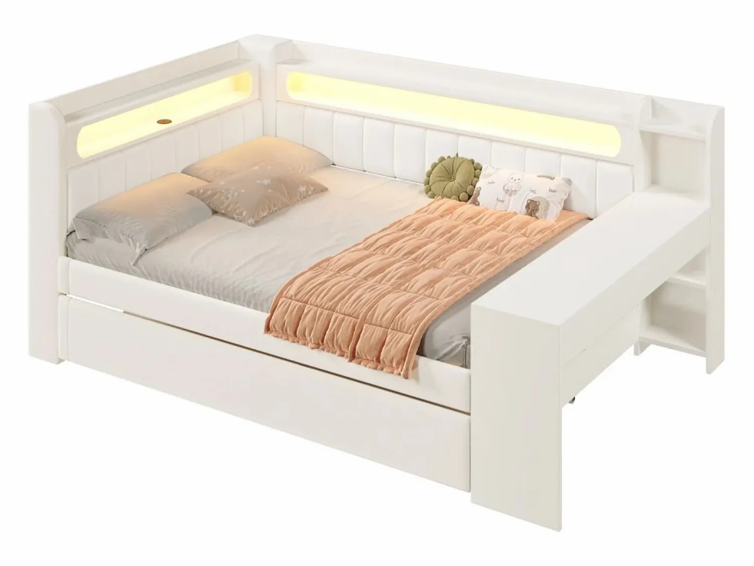 Discount Sofá cama acolchado 140x200 cm - con puertos USB y LED - con cama nido y escritorio - (sin colchón) Cama Diván
